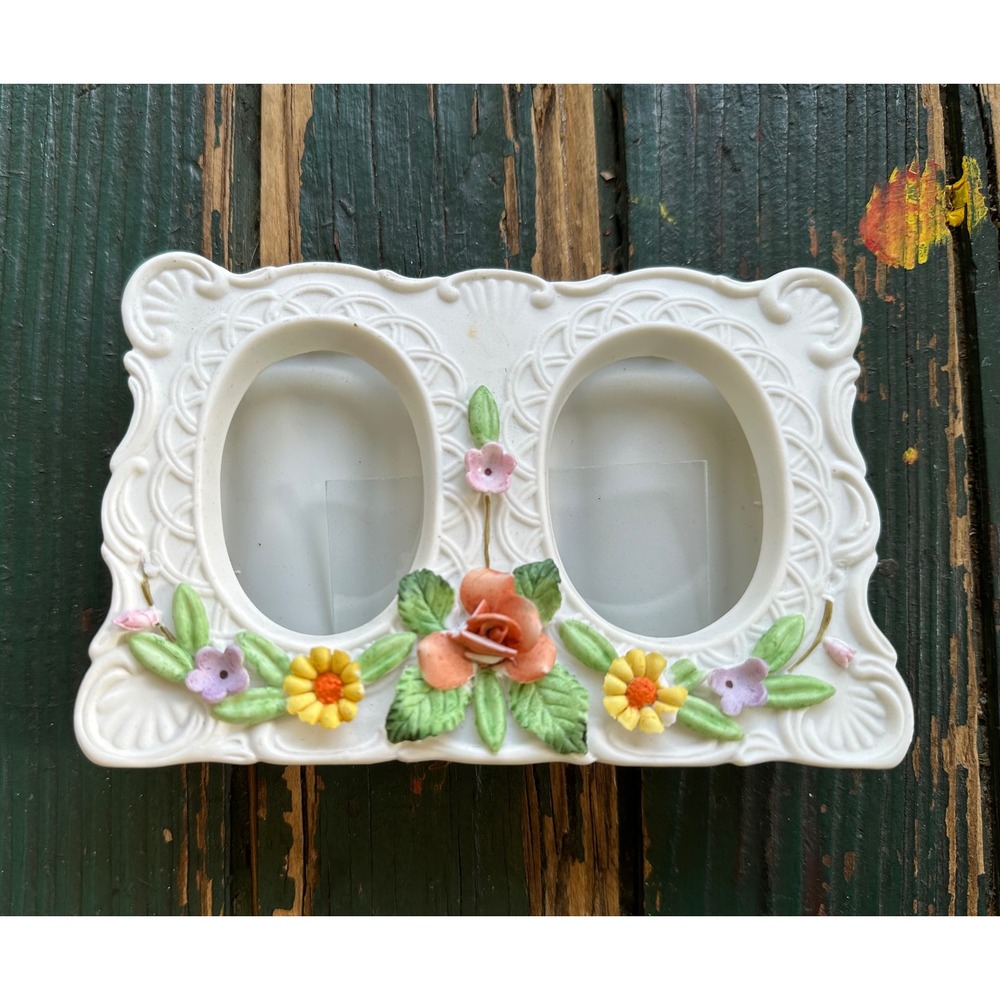 Lefton China Hand Painted Porcelain Double Picture Frame Floral Rose 02492 White